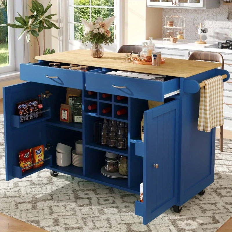 Keukeneiland – Keukenwagen – Keukentrolley – Buffetkast – Opbergkast – Blauw Met Houtnerf – 102x45x92 cm – Duurzaam Met Metaalframe