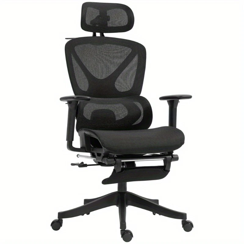 Bureaustoel – Ergonomische Stoel – Office Chair – Draaistoel – Kantoorstoel – Verstelbare Mesh Rugleuning – 3D Armleuningen & Lendensteun – Ademend Zwart – Kantelfunctie, Voetensteun & Jashanger