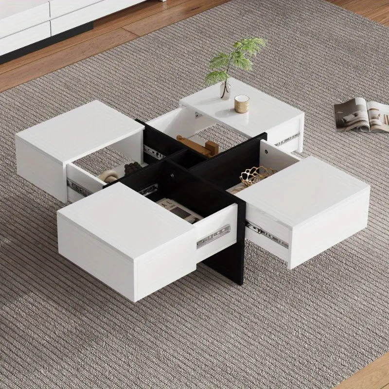 Salontafel – Woonkamertafel – Bijzettafel – Koffietafel – Tafel – Hoogglans Afwerking – 70x70x35 cm Met Opbergruimte En 4 Laden