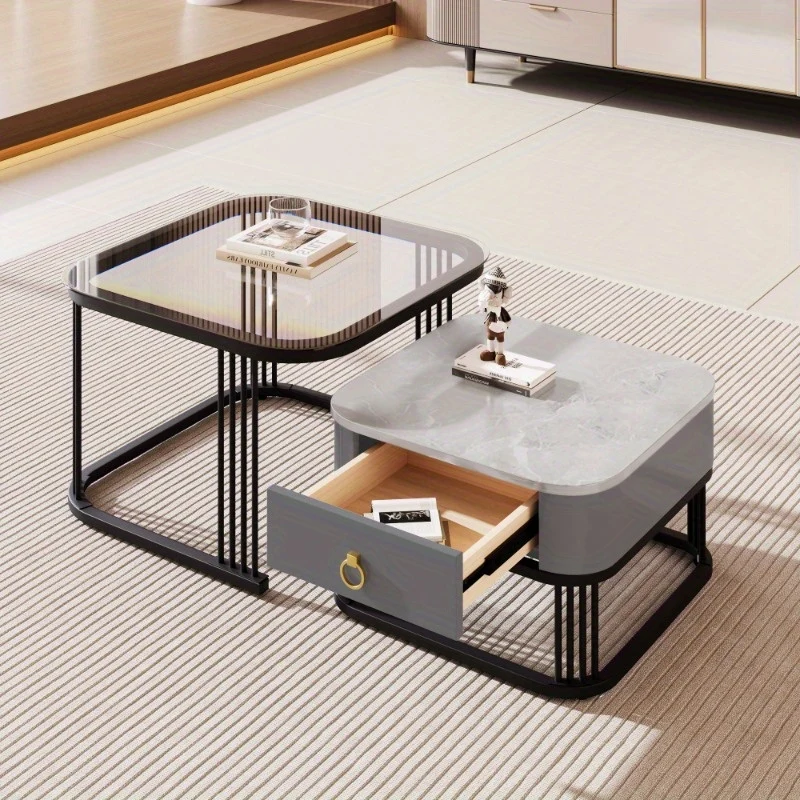Salontafel – Koffietafel – Bijzettafel – Tafeltje – Side Table – Zwarte uitvoering – Set van 2 Stapelbare Tafels – Hoogglans Marmer Look – Lades en Glazen Blad