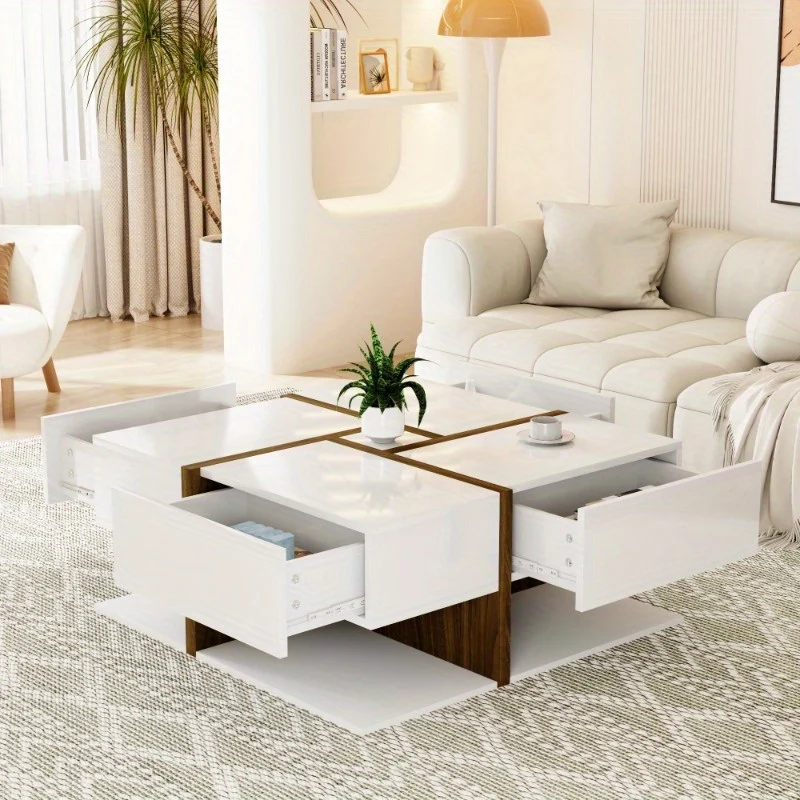 Salontafel – Koffietafel – Woonkamertafel – Bijzettafel – Tafeltje – Modern Hoogglans Wit – 4 Laden Opbergruimte – 78x78x34,8 cm – Duurzaam Stijlvol Design