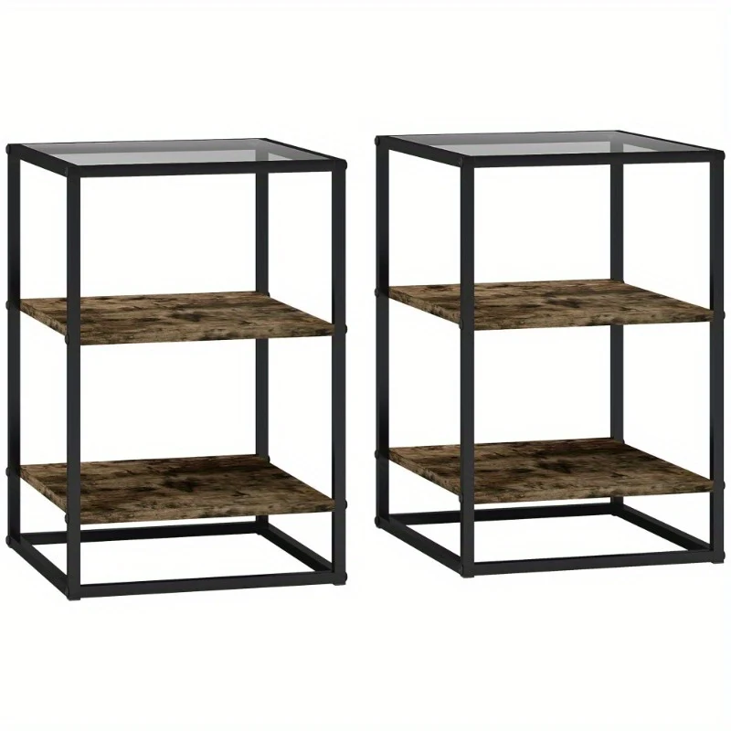 Bijzettafel – Sidetable – Nachtkastje – Salontafel – Banktafel – Rustiek Bruin – Glasblad – 3 Niveaus Opbergruimte – 37x40x55,5 cm