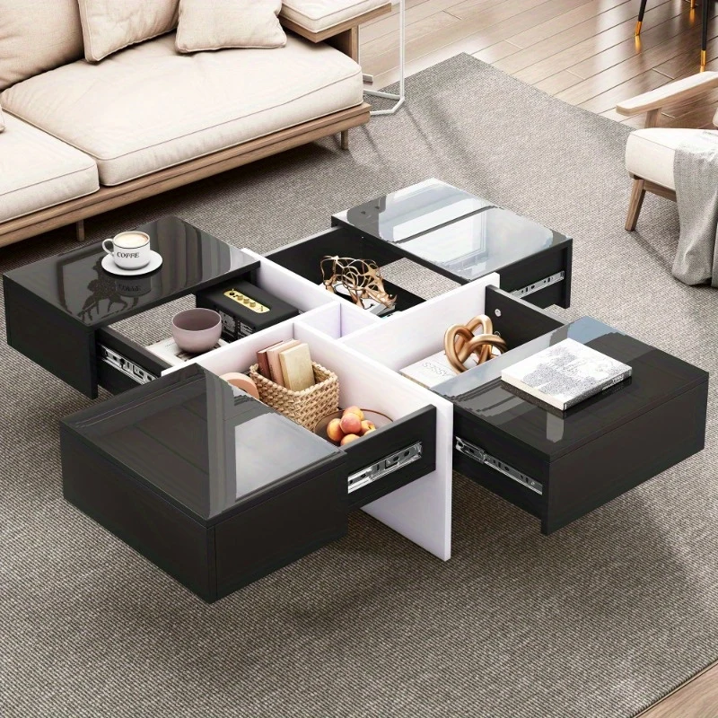 Salontafel – Koffietafel – Bijzettafel – Woonkamertafel – Tafeltje – Modern Hoogglans – 70x70x35 cm – Zwart-Wit Met Opbergruimte En 4 Lades