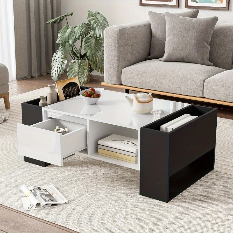 Salontafel – Koffietafel – Woonkamertafel – Bijzettafel – Lounge tafel – Modern Design – Hoogglans Zwart-Wit – Met Lade en Open Vak – 105x60x40,5 cm – Duurzaam Material