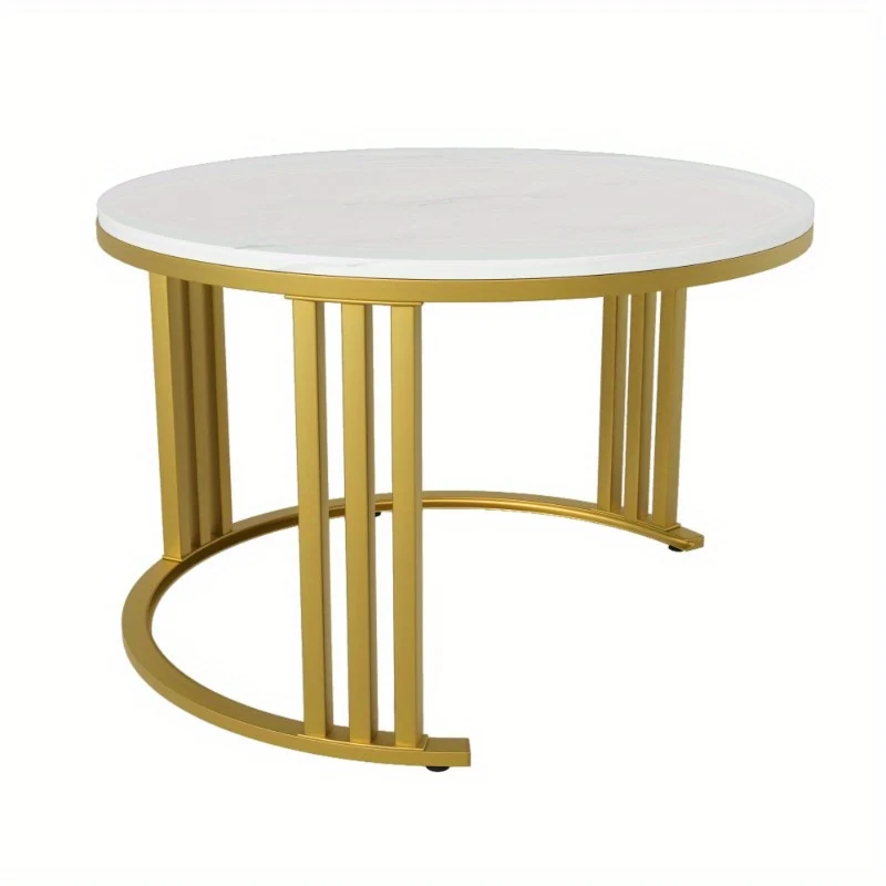 Salontafelset – Salontafel – Bijzettafel – Nesting Tafel – Koffietafel – Ronde Set – Glanzend Marmerlook Blad – 2 Opberglades – Modern Design – 70x70x46 cm & 50x50x40 cm