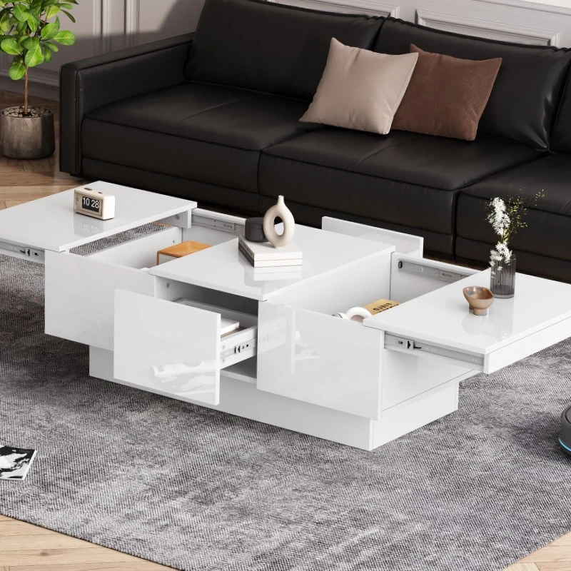 Salontafel – Woonkamertafel – Koffietafel – Bijzettafel – Tafel – Hoogglans Wit – Uitschuifbaar – Met 2 Lades en Verborgen Opbergruimte