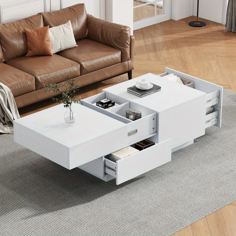 Salontafel – Koffietafel – Bijzettafel – Woonkamertafel – Lounge Tafel – Modern – Verstelbaar Tafelblad – Ruime Lade – Wit – Duurzaam Niet-Hout Materialen