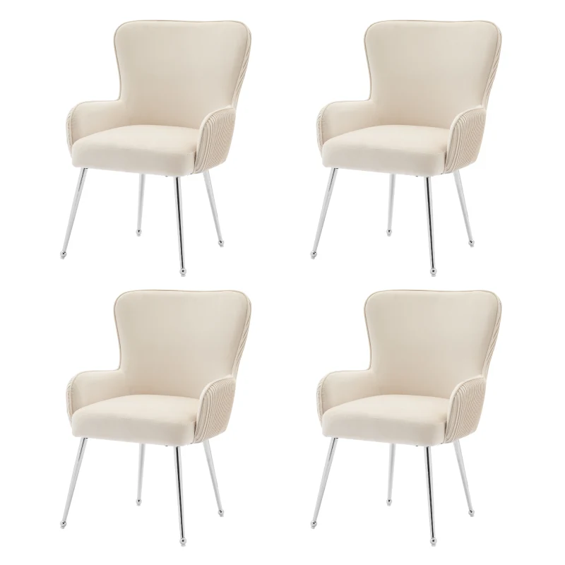 Velvet Stoelen 4-Set – Lounge Stoelen – Woonkamer Stoelen – Armstoel – Comfortabele Stoelen – Beige Velvet – Met Zilverkleurig Metalen Frame – Verstelbare Voeten & Lumbale Ondersteuning