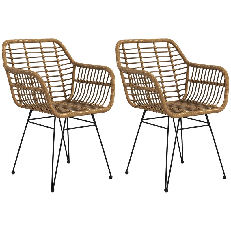 Eetkamerstoelen – Keukenstoelen – Stoelen Set – Woonkamerstoelen – Balkonstoelen – Lichtbruin Polyrattan – Zwarte Stalen Poten – Ergonomisch Design – Anti-slip Voetendoppen