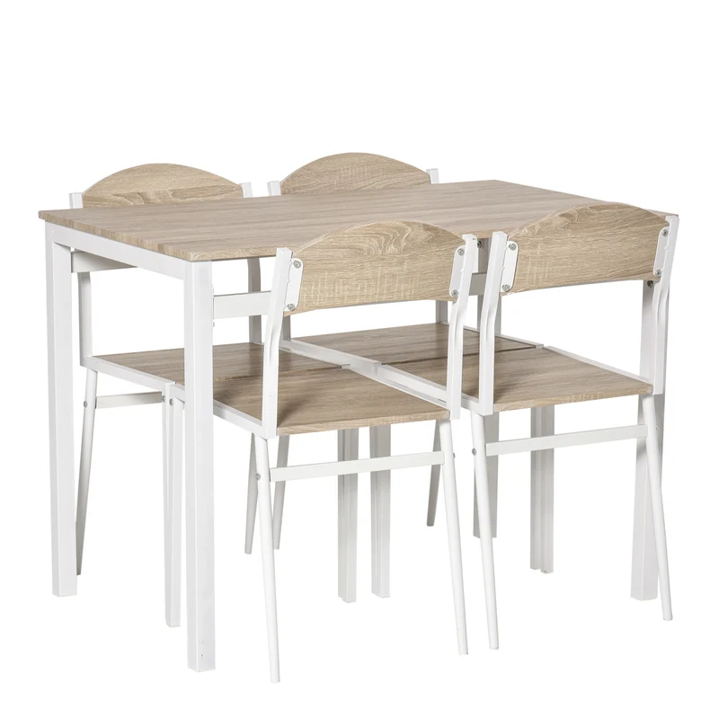 Eettafelset – Tafel en Stoelen – Eetkamerset – Keukentafelset – Compact 5-delig – Grijs-Wit – Ruimtebesparend – MDF Metalen Frame
