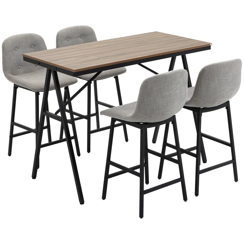 Barset – Barkrukken – Bartafel – Keukentafel – Bistroset – Lichtgrijs – Stalen Frame – Verstelbare Poten – Comfortabele Zitting 120x60x91 cm