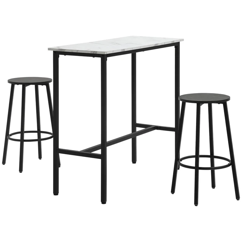 Barset – Barkrukset – Bar tafel met krukken – Eettafel – Keukentafel – Wit Zwart Marmer-Look – Comfortabele Voetsteunen – Stevig Staalframe