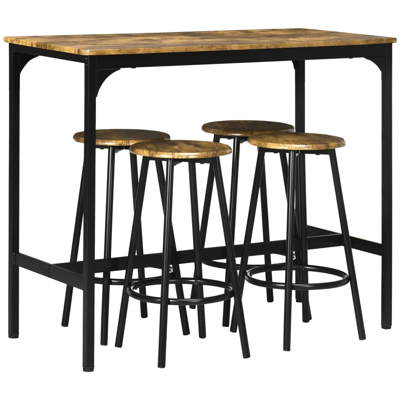 5-delige Bartafelset – Bartafel Met Barkrukken – Barset – Keukentafel Set – Industrieel Design – Compact Ruimtebesparend – Metaal Met Houten Look Rustiek Bruin