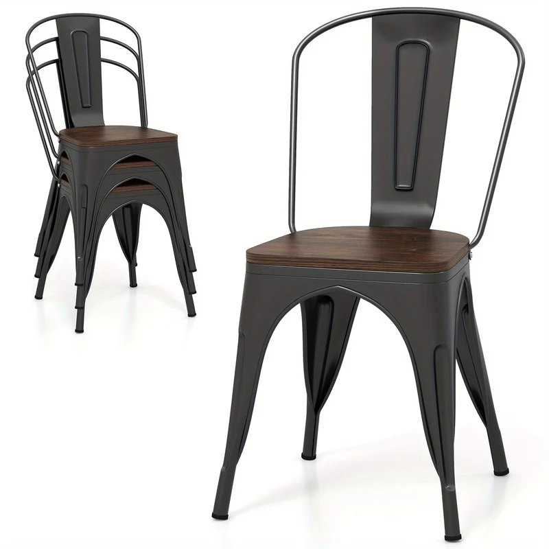 Eetkamerstoelen – Keukenstoelen – Stapelbare Stoelen – Metalen Stoelen – Houten Zitvlak – Set Van 4 – Afneembare Rugleuning – Ruimtebesparend Design – Bruin