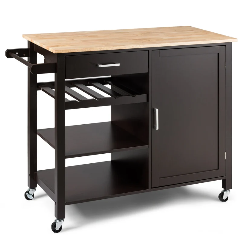 Keukenwagen op Wielen – Keukentrolley – Serveerwagen – Werkblad – Opbergwagen – Met Wijnrek en Lade – Stevig MDF en Massief Hout – Compact 100x48x90 cm – Bruin
