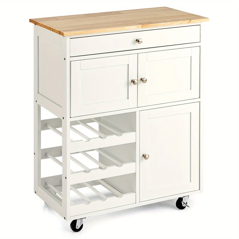 Keukentrolley op Wielen – Keukenwagen – Serveerwagen – Trolley met Lade – Barwagen – Wit met Naturel Houten Blad – Robuust MDF & 136 kg Draagvermogen
