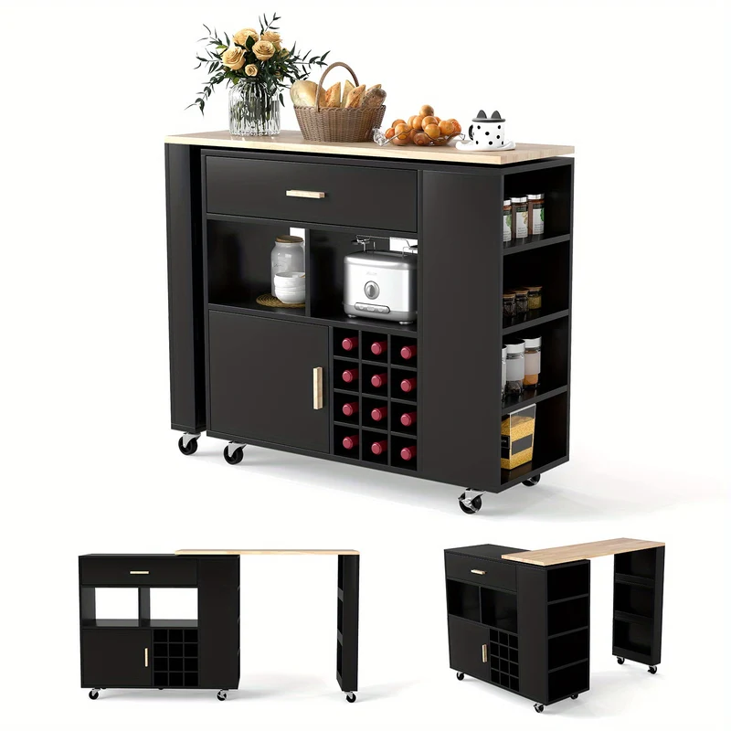 Keukenwagen – Keukeneiland – Serveerwagen – Opbergkast – Bartafel – Mobiel Met Vergrendelbare Wielen – 2-in-1 Draaibaar Werkblad – MDF En Rubberwood Uitvoering – Wit