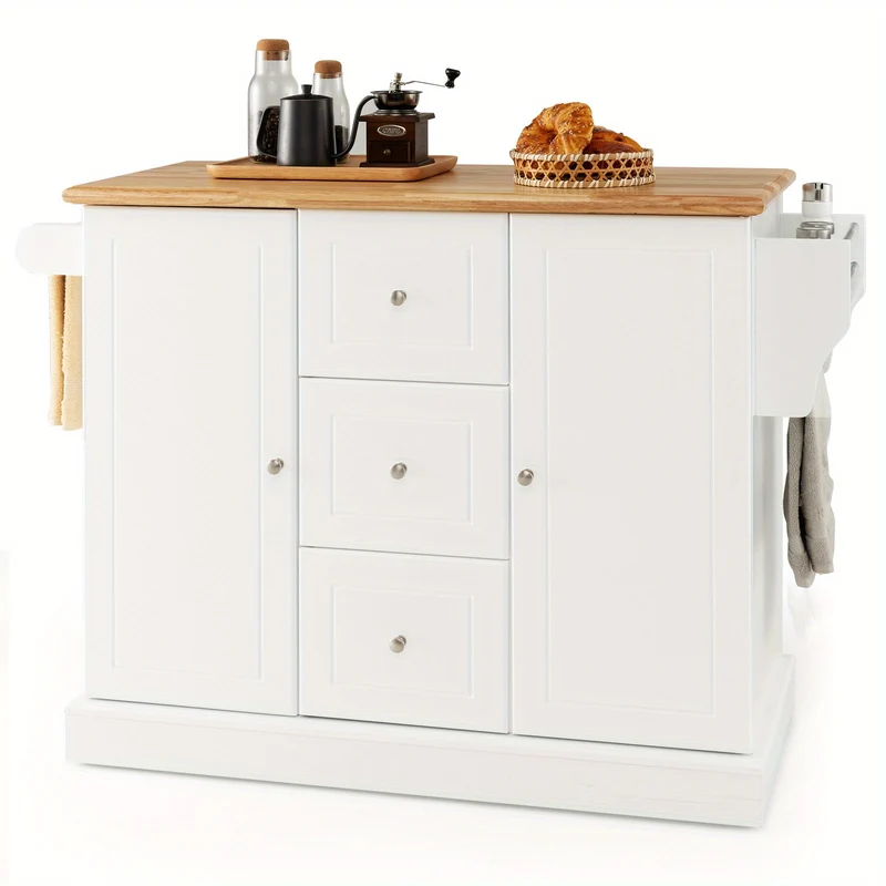 Houten Keukenwagen – Keukentrolley – Keukenkar – Keukenmeubel – Keukenwagen Wit – 5 Verstelbare Planken – Rubberen Houten Werkblad 50 kg