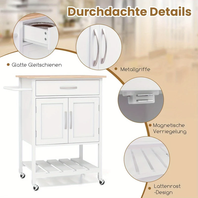 Keukentrolley – Mobiele Keukenwagen – Keukenkar – Opbergwagen – Serveerwagen – Rubberwood Werkblad – Grote Lade & Kast – Wit