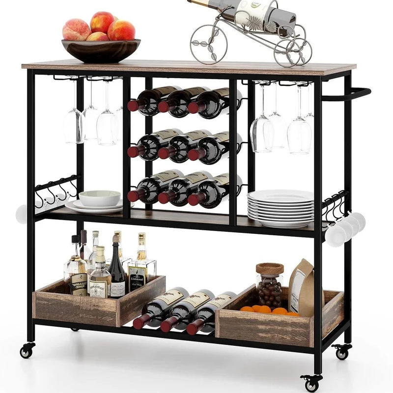 Barwagen – Serveerwagen – Drinkwagen – Wijnkar – Trolley – Industrieel Vintage Bruin – 3-laags Met 8 Glazenhouders – 9 Fleshouders