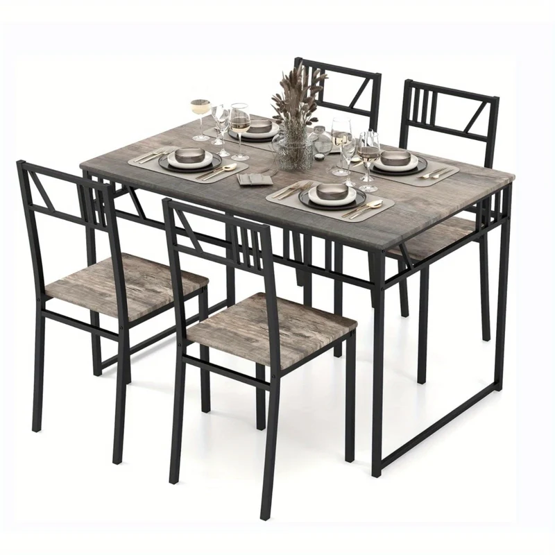 Eettafelset – Tafel en Stoelen – Eettafel – Keukentafel – Industrieel Meubel – Zwart – MDF Houtlook Tafelblad – Ergonomische Stoelen met Metalen Frame