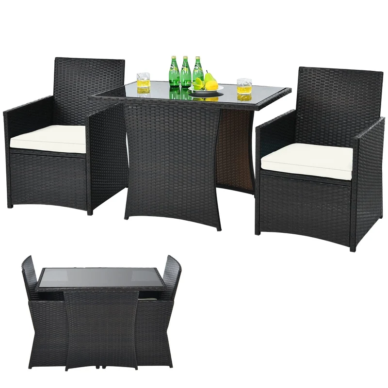 3-delige Polyrattan Tuinset – Bistroset – Loungeset – Tuinmeubelset – Balkonset – Ruimtebesparend Ontwerp – Weerbestendig Met Glasplaat