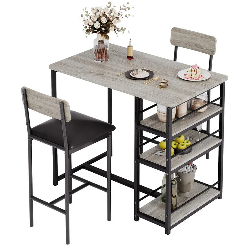 Eettafelset – Keukentafelset – Bistroset – Barstoelset – Stoelenset – Compact Ontwerp – Comfortabele Gevoerde Stoelen – Grijs Kunstboard Houten Frame