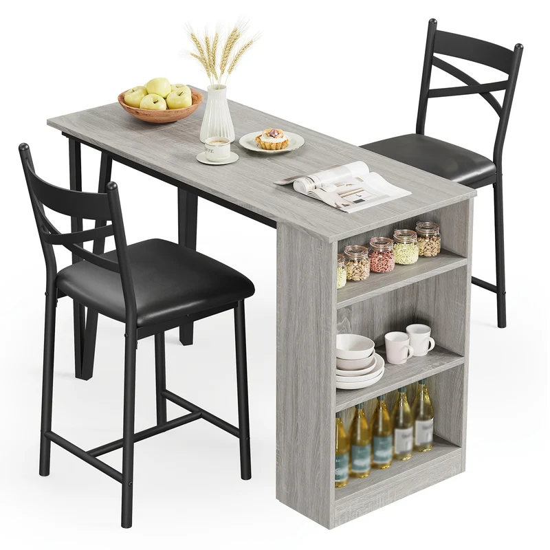 3-delige Bar Tafel Set – Bartafel Set – Barmeubel – Bistrotafel – Eettafel Compact – Opklapbaar Tafelblad – Met Opbergruimte – Grijs – Ruimtebesparend – Stevig Houten Ontwerp