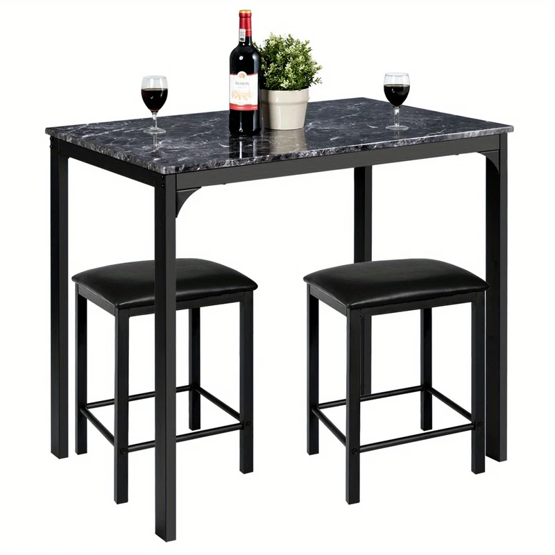 Eettafelset – Barkrukset – Barset – Hoge Tafel Met Krukken – Zwart Met Marmerlook – Compact En Ruimtebesparend – Comfortabele Schuimkussens