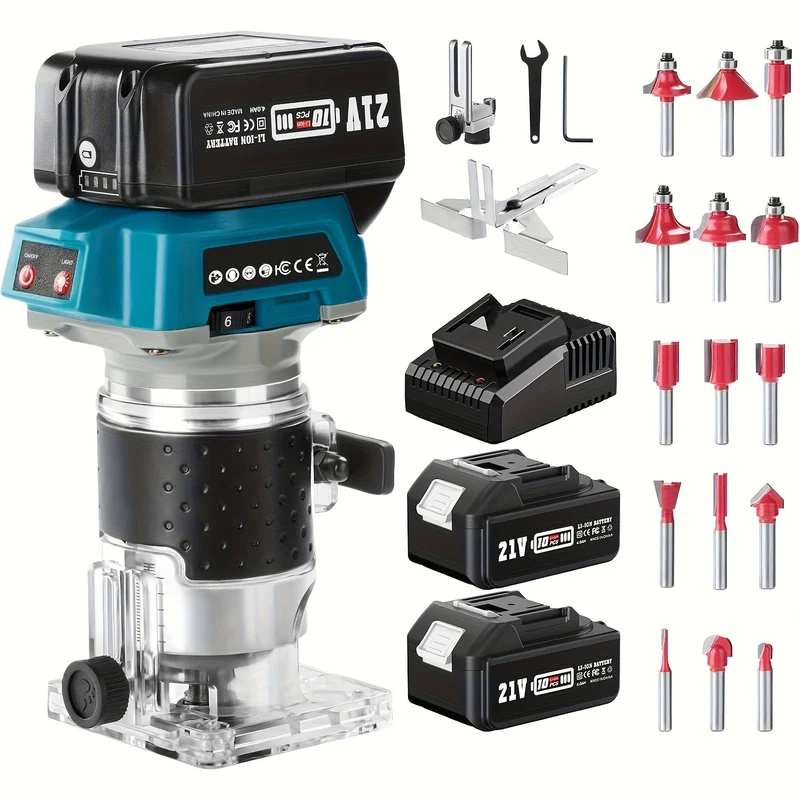 Handfrees – Draadloze Router – Elektrische Freesmachine – Houtfrees – Precision Frees – 21V Borstelloze Motor – 2x 4.0Ah Batterijen – 15-delige Freesbitset – Compact ABS Kunststof