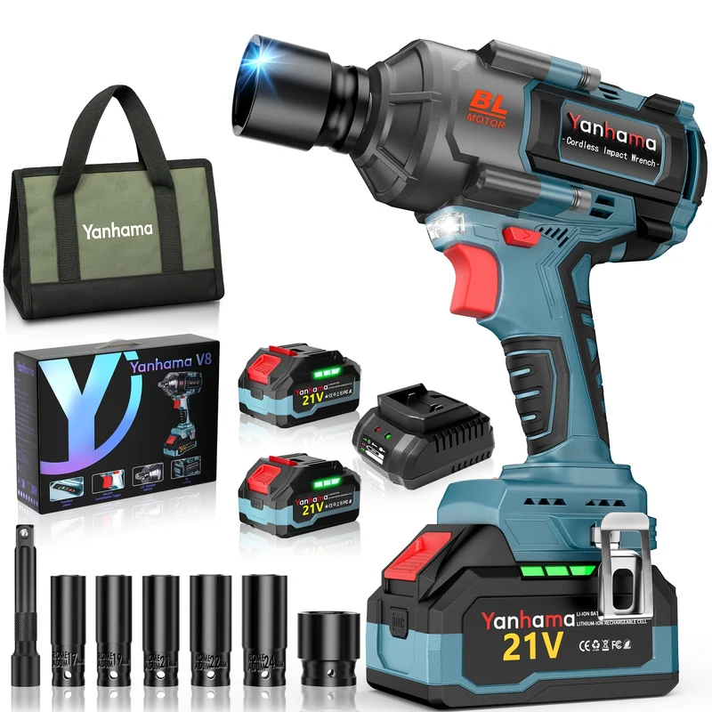 Accu Slagschroevendraaier – Slagmoersleutel – Slagschroevendraaier Draadloos – Elektrische Momentsleutel – Draadloze Impact Wrench – 1400 Nm Koppel – 2 x 21V 4000mAh Batterijen – Blauw