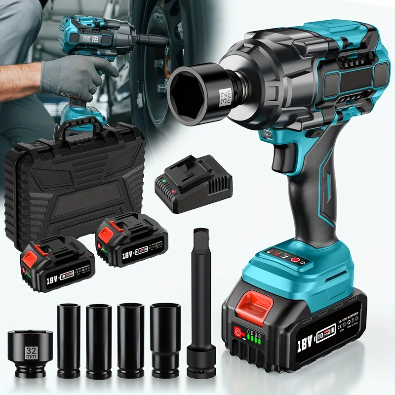 Slagmoersleutel – Impact Wrenches – Momentsleutel – Accu Slagmoersleutel – Draadloze Slagmoersleutel – 1300 Nm Koppel – LED Verlichting & 2x 5000 mAh Batterijen