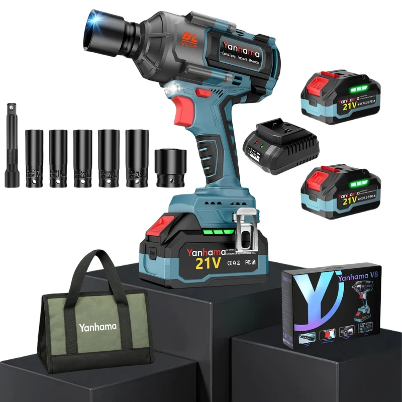 Accu Slagmoersleutel – Draadloze Slagmoersleutel – Impact Wrench – Power Wrench – Accu Momentsleutel – 1400 Nm Koppel – 2x 21V 4000mAh Batterijen – LED Verlichting – 3 Snelheidsstanden – Blauw