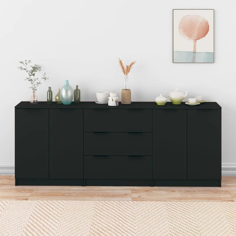 Dressoir – Kast – Sideboard – Opbergkast – Wandmeubel – Zwart – 3-laags Houten Planken – Minimalistisch Design