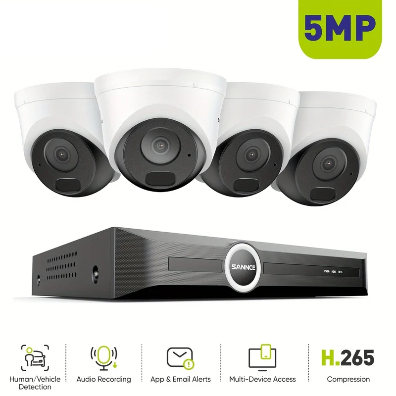 Beveiligingscamera Set – CCTV Camera’s – Toezicht Kamera – Video Bewaking – Veiligheidssysteem – 4x 5MP PoE Camera’s – 6MP NVR Met Audio – Mens- en Voertuigdetectie – Nachtzicht Tot 30 Meter – Zonder Harde Schijf