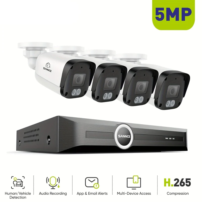 4-cameras beveiligingsset – bewakingscamera – IP-camera – beveiligingssysteem – CCTV set – 5MP POE camera’s – nachtzicht tot 30 meter – mens- en voertuigdetectie – audio-opname – zonder harde schijf