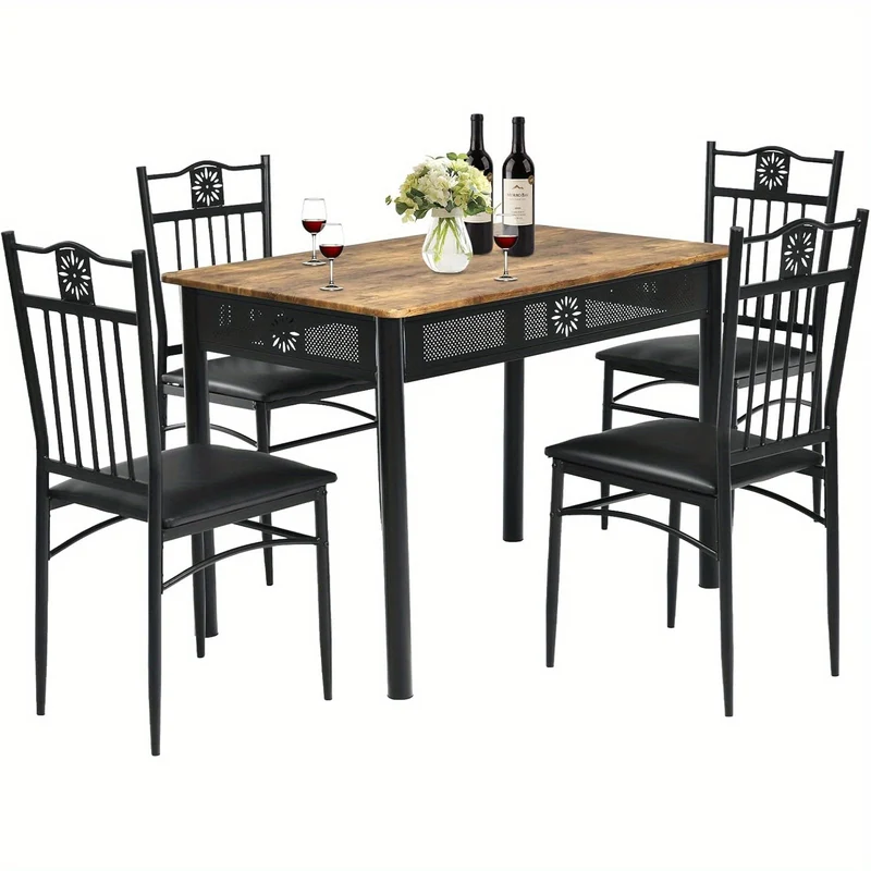 Eettafelset – Eettafel met Stoelen – Tafel En Stoelset – 4 Persoons Eettafel – Zwarte Eetkamer Set – Compact 107 cm Tafel – Comfortabele Foam Stoelen