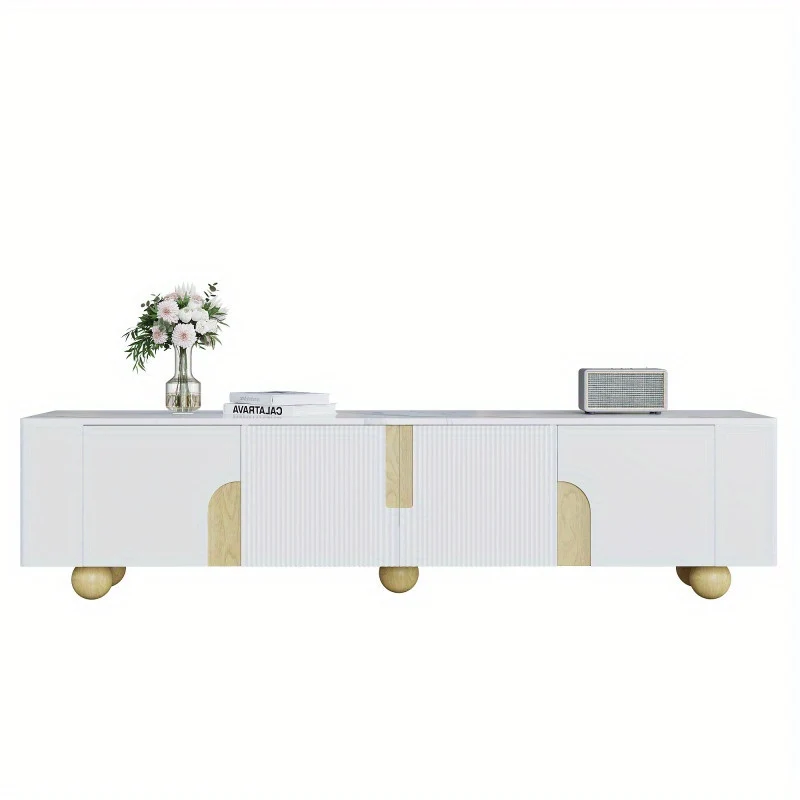 Tv-meubel – TV-kast – Tv-dressoir – Mediameubel – Witte uitvoering – 180 cm breed – Marmer-look oppervlak – Bolvormige houten poten