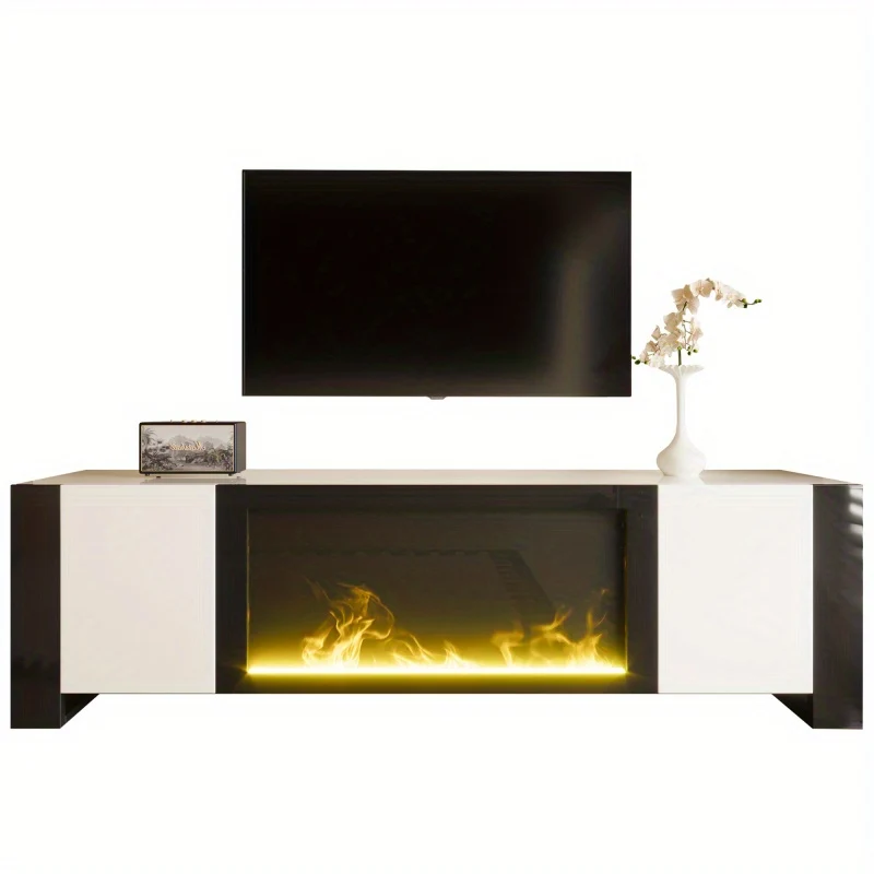 TV-meubel – TV-kast – Lowboard – Tv-dressoir – Elektrische Haard – Hoogglans Wit Zwart – Realistische Vlammen Zonder Verwarming – Geschikt Voor TV Tot 60 kg