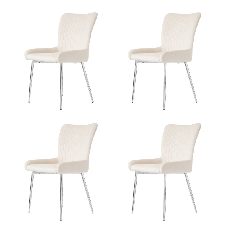 Velvet Stoel – Fluwelen Stoel – Eetkamerstoel – Fauteuil – Kuipstoel – Beige Kleur – Zilverkleurige Metalen Poten – Ergonomische Rugsteun – Set Van 4