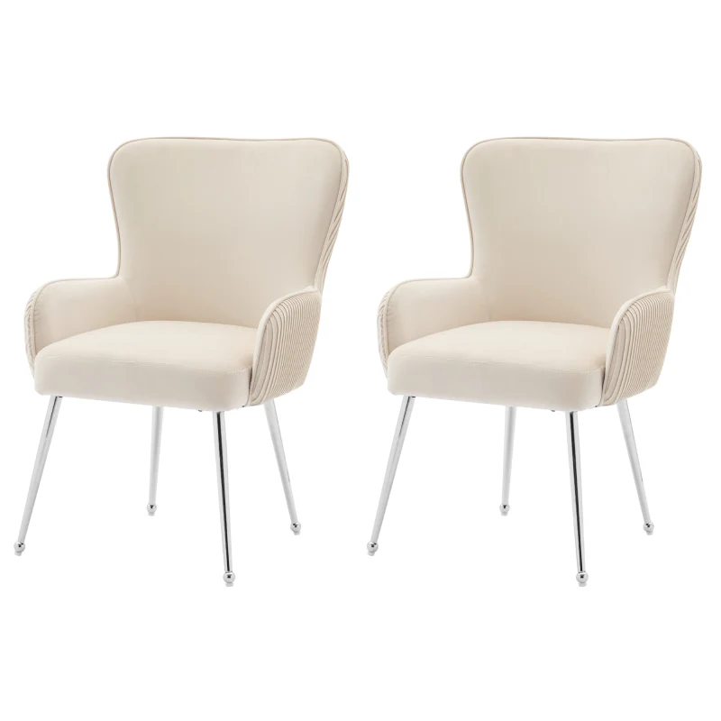 Velvet Fauteuil Set – Tweezits Fauteuils – Lounge Stoelen – Comfortabele Stoelen – Beige Fluwelen Stoelen – Met Metalen Zilveren Poten – Verstelbare Lendensteun – Eenvoudige Montage