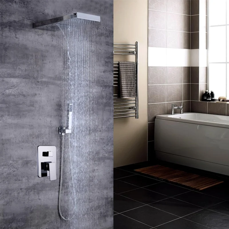 Regendoucheset – Douche Set – Regenkraan – Douchesysteem – Douchekop – Vierkant Design – Messing Met Zilveren Afwerking – Inbouwframe Met Eenvoudige Wandmontage