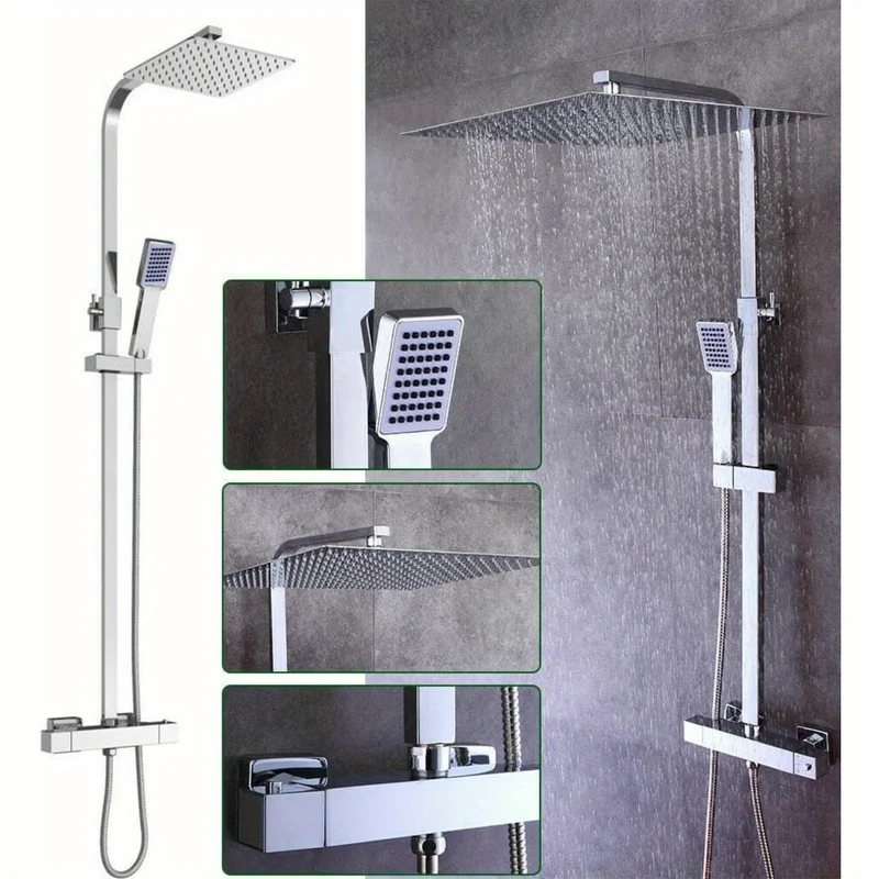 Thermostaat Douchesysteem – Regendouche – Douchekop – Douchekolom – Handdouche – Wandmontage – Verstelbare Stang 82-122 cm – Roestvrij Staal & Chroom