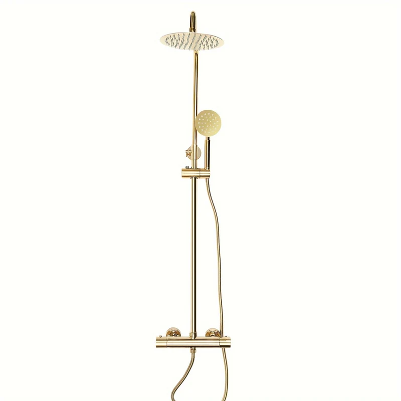 Douchesysteem – Regendouche – Douchekolom – Douchekraan – Doucheplaat – Thermostatisch – Messing Goud – 20 cm Regendouchekop – Verstelbare Hoogte 70-110 cm