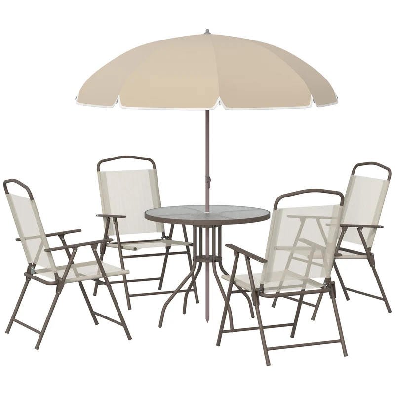 6-delig Tuinset – Bistro Set – Balkonmeubelen – Tuinmeubelset – Inklapbare Tuinstoelen – Epoxy Stalen Frame – Sneldrogende Textilene Bekleding – Rond Tafelblad van Gehard Glas – Parasol Inclusief – Ergonomisch Zitcomfort
