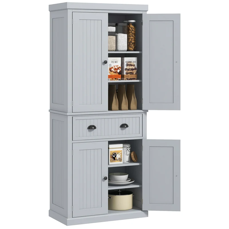 Keukenkastje – Opbergkast – Buffetkast – Keukenkast – Keukenmeubel – Grijs Met Zwarte Grepen – 2 Kasten Met 4 Deuren – Grote Lade – Verstelbare Planken – MDF En Spaanplaat – Modern Design – 76,2x40,2x183 cm