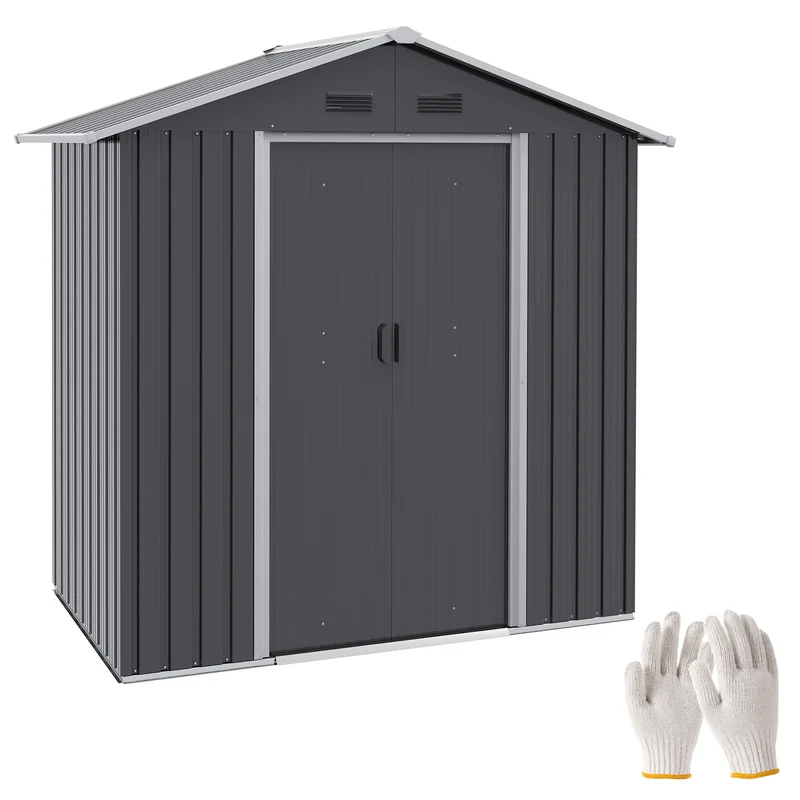 Metalen Tuinschuur – Tuinberging – Tuingereedschap Opslag – Tuinbox – Buitenopslag – 2,1 m² Ruimte – Ventilatie Met 4 Openingen – Dubbele Schuifdeuren Met Slot – Donkergrijs