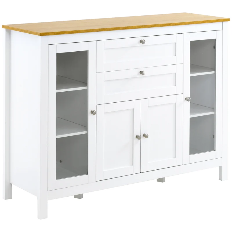 Dressoir – Buffet – Kast – Opbergmeubel – Woonkamermeubel – Wit Met Houtlook – 2 Glazen Deuren – Verstelbare Planken – 2 Lades – 1 Afsluitbare Kast – MDF En Metaal – Anti-Kantel Veiligheid
