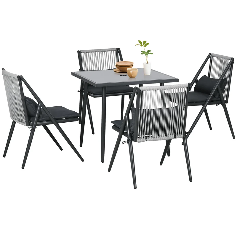 Tuinset – Tuinmeubelset – Buitenmeubelset – Terrasset – Diningset – 5-delig Met 4 Comfortabele Stoelen – Aluminium Frame Met Geharde Glazen Tafel