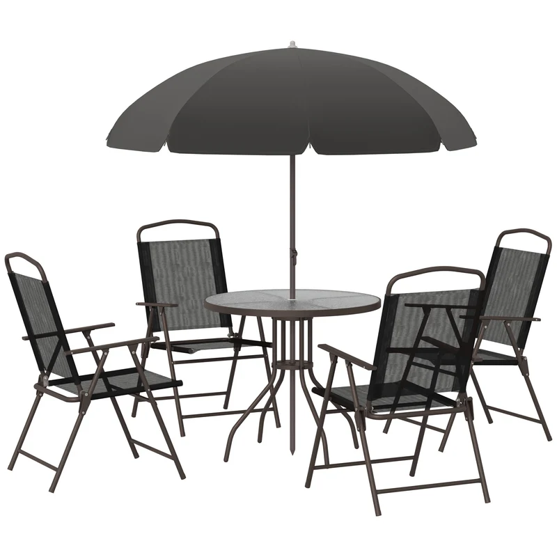 Tuinset – Bistro Set – Loungeset – Tuinmeubel – Balkonset – Zwart – 6-Delig Met Parasol – Epoxy Staal En Textilene – Geharde Glazen Tafelblad